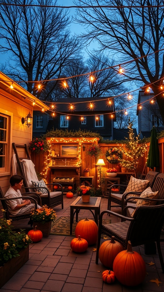 A cozy patio decorated with string lights, pumpkins, and flowers, creating a warm atmosphere.