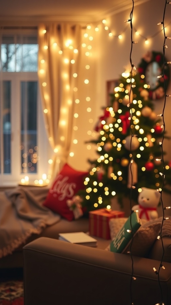 Cozy living room decorated for Christmas with string lights and a Christmas tree.