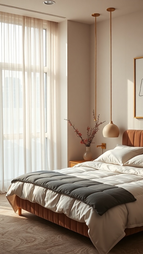 A warm modern bedroom with metallic accents, featuring soft lighting and cozy decor.