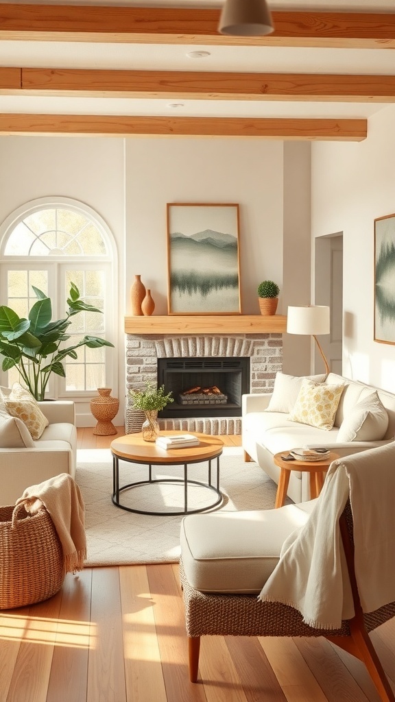 Cozy modern farmhouse living room with warm neutral colors.