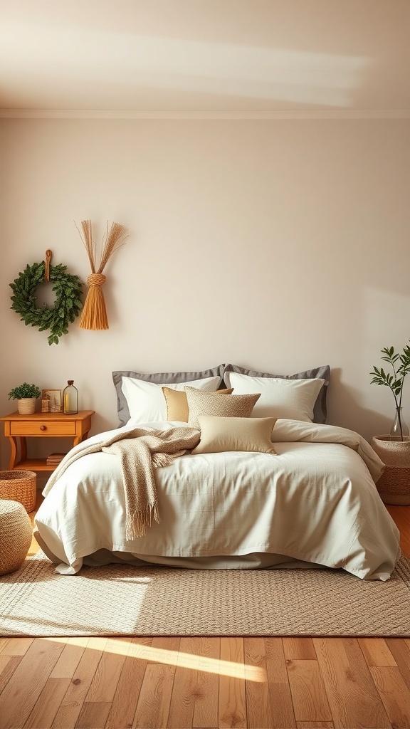 Cozy farmhouse bedroom with warm neutral colors and natural decor.
