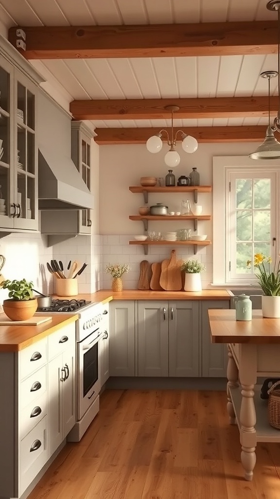 Cozy cottage farmhouse kitchen with warm neutral colors and natural wood accents.