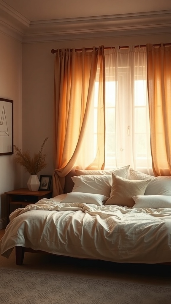 A cozy bedroom with warm neutral tones, featuring soft bedding and light curtains.