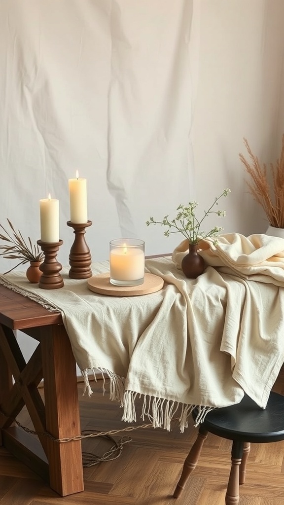 A cozy table setting with candles and neutral tones.