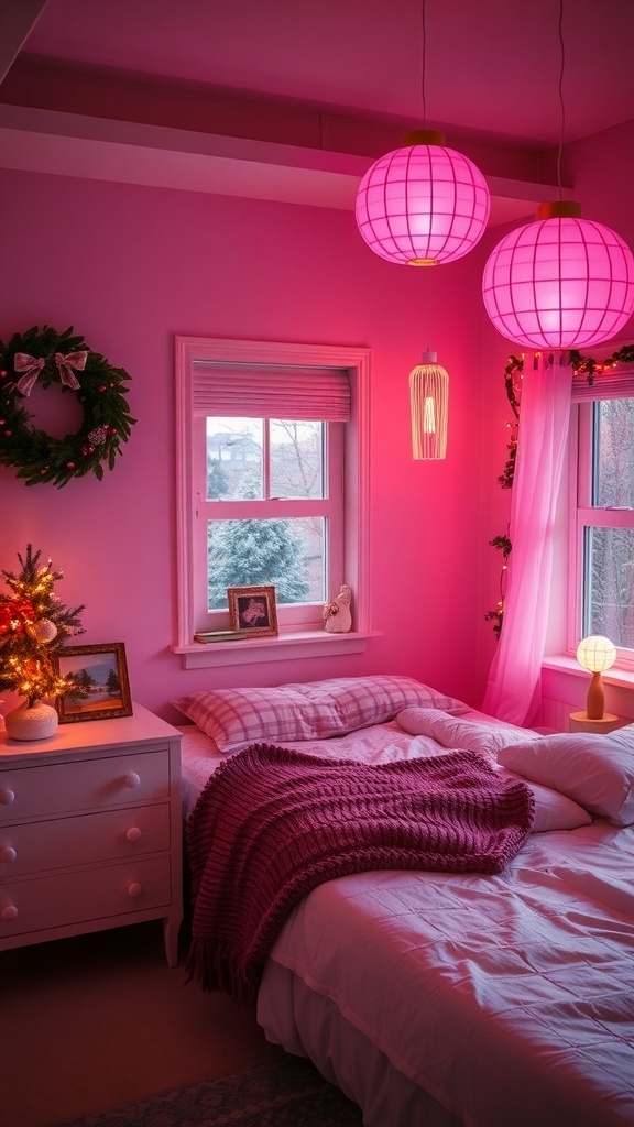A cozy pink bedroom with warm lighting fixtures and holiday decorations.