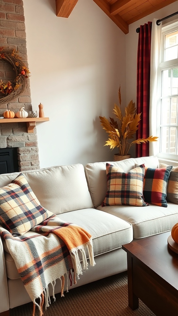 Cozy living room with plaid throws and pillows on a sofa