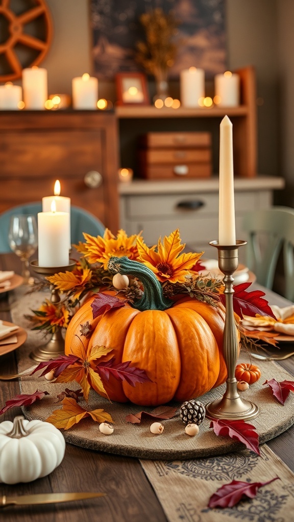 A cozy Halloween table setting featuring a warm pumpkin centerpiece surrounded by autumn leaves and candles.