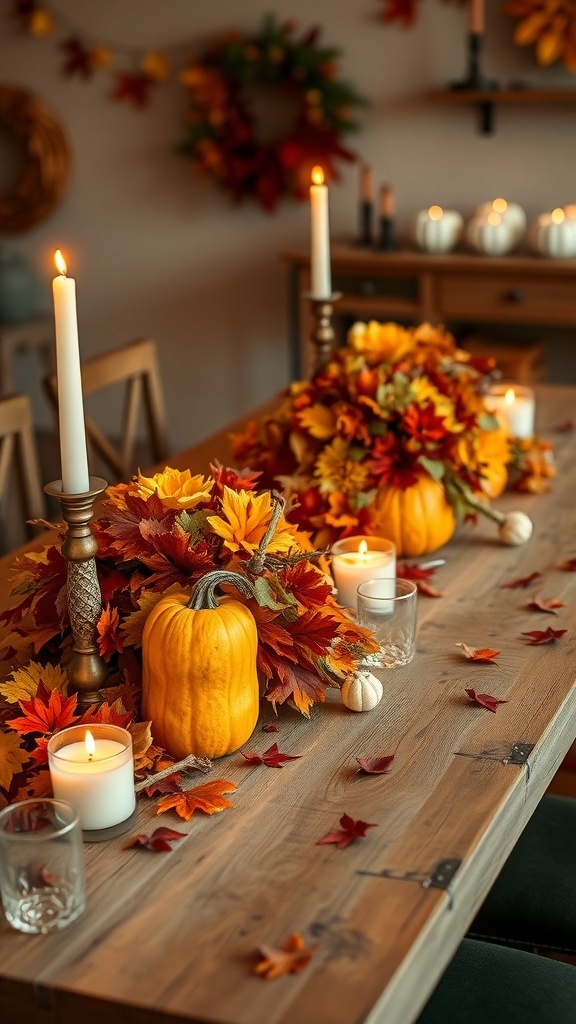 A cozy fall table setting with pumpkins, candles, and autumn leaves.
