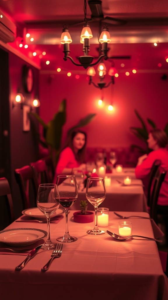 A cozy dining setup with warm rose-tinted lighting, candles, and glasses.