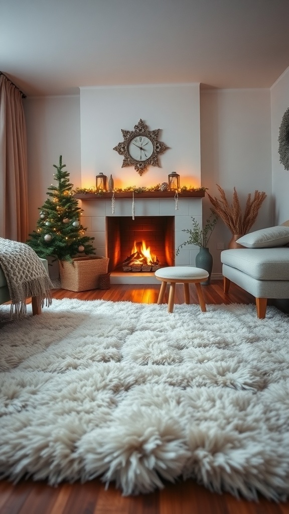 A cozy winter bedroom with a fluffy rug, a fireplace, and a Christmas tree.