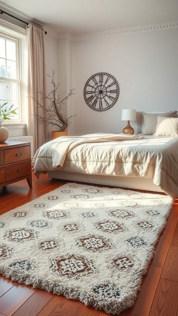 A cozy winter bedroom with a warm rug underfoot.