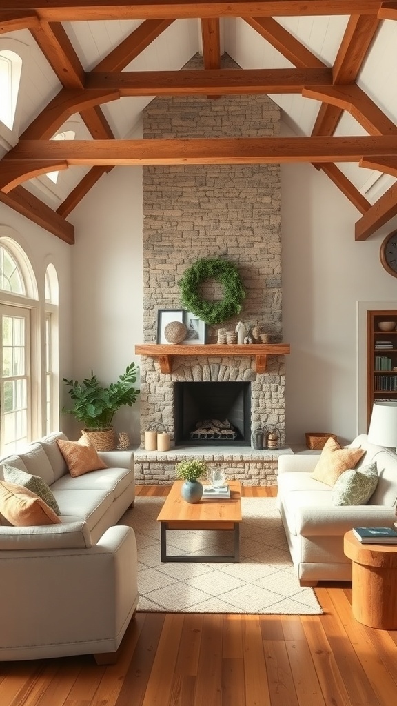 Cozy farmhouse living room with wooden beams and stone fireplace