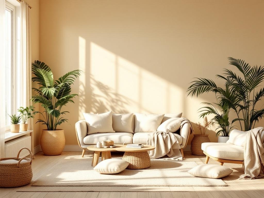 Cozy living room with warm sand tones, light furniture, and indoor plants