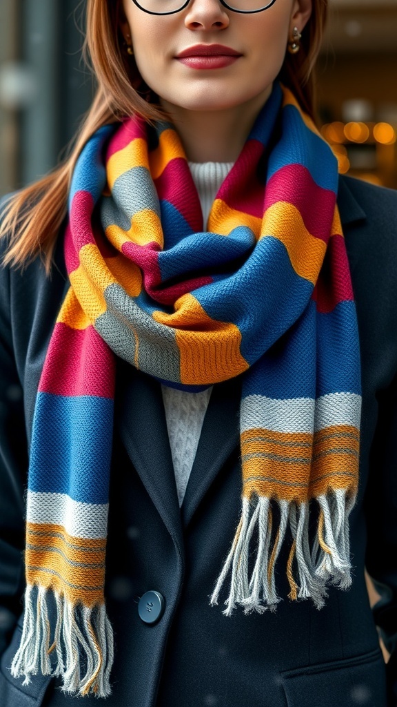 A woman wearing a colorful striped scarf with a dark blazer.