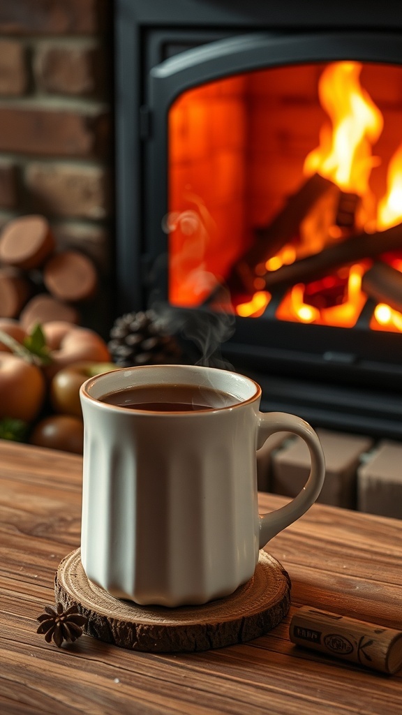A steaming mug of spiced beverage sits on a wooden table next to a cozy fireplace.
