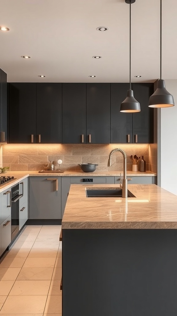 A modern kitchen featuring warm stone countertops with dark cabinetry and stylish lighting.