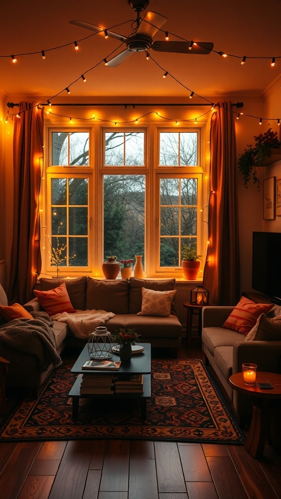 A cozy living room decorated with warm string lights.