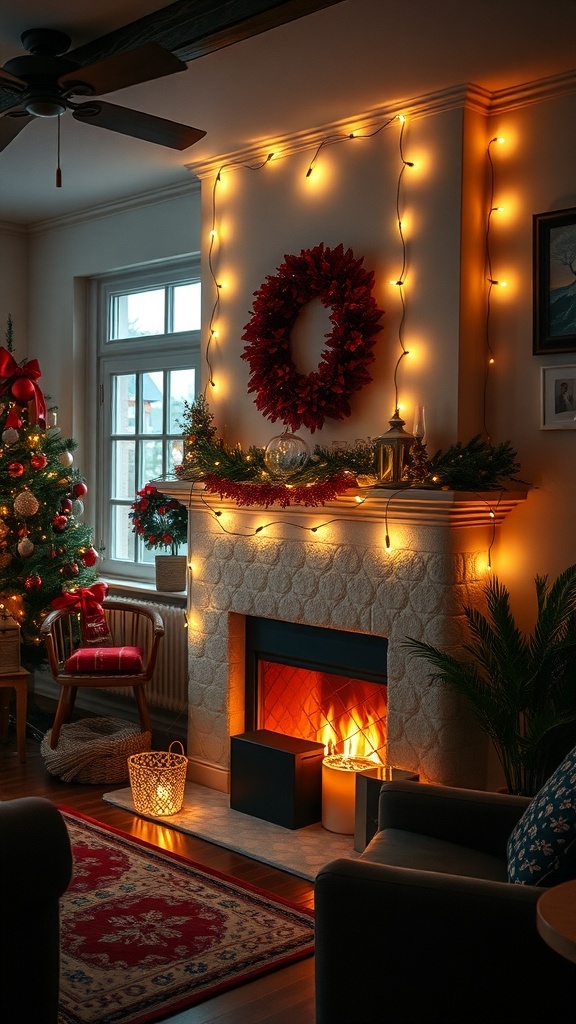Cozy Christmas decor featuring warm string lights around a fireplace and a decorated Christmas tree.