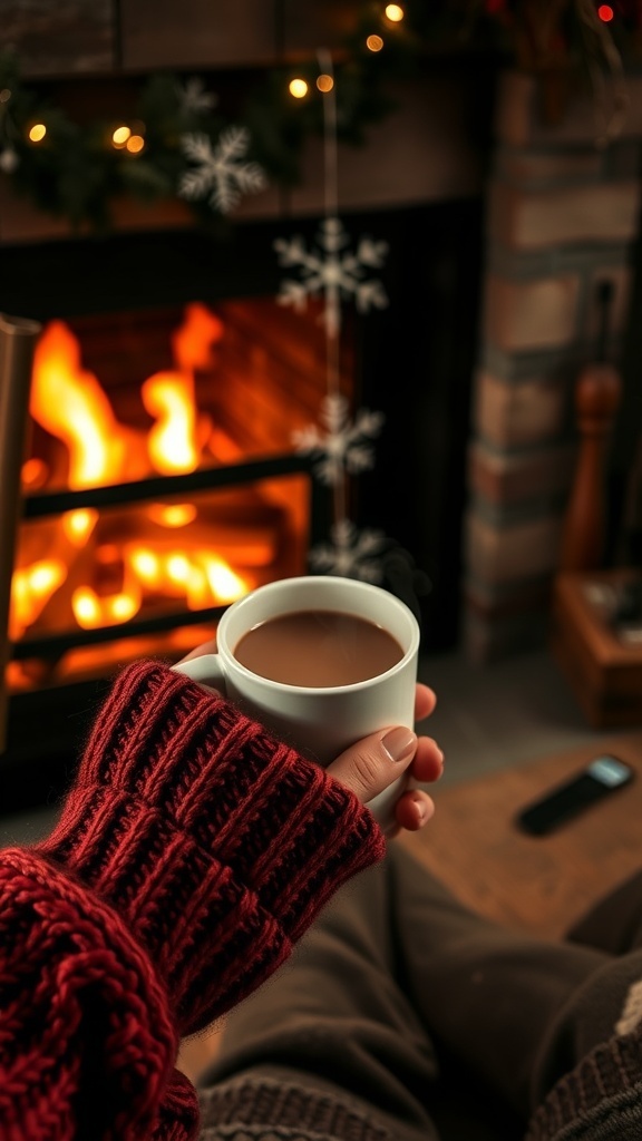 A person in a cozy red sweater holding a cup of hot drink in front of a fireplace.