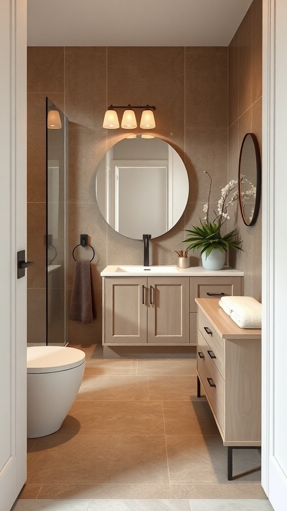 A stylish bathroom featuring warm taupe flooring with modern fixtures and decor.
