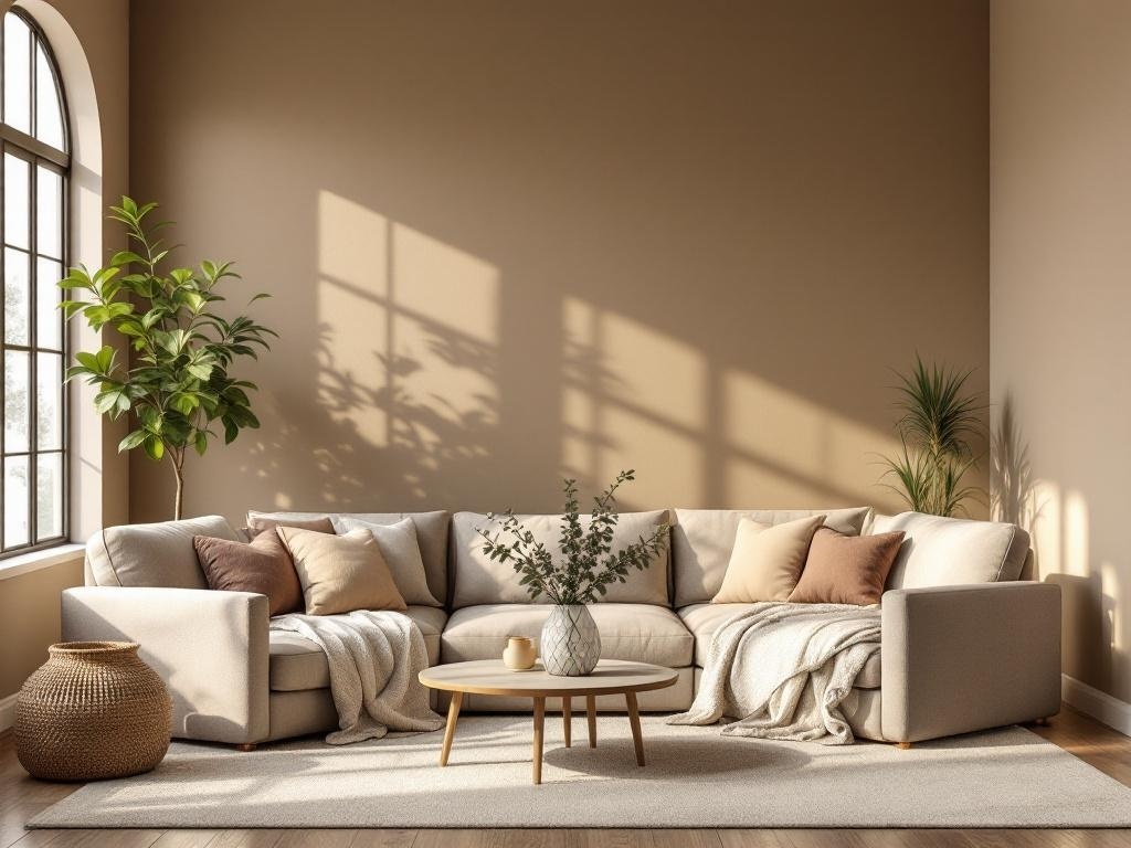 A cozy living room featuring a taupe wall, a light-colored sofa with cushions, a round coffee table, and indoor plants.