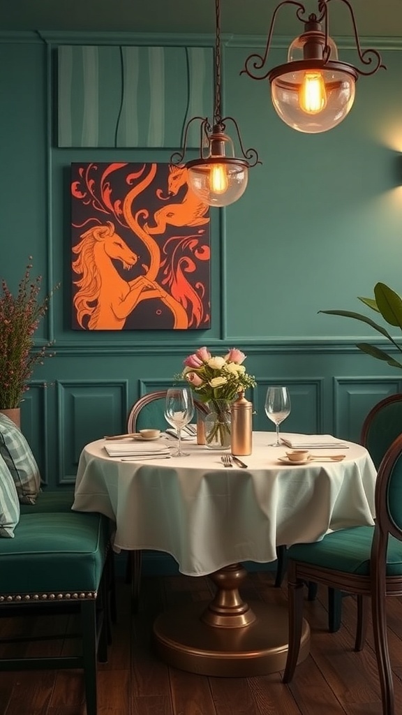 A cozy dining area featuring warm teal walls and copper lighting, creating a romantic atmosphere.