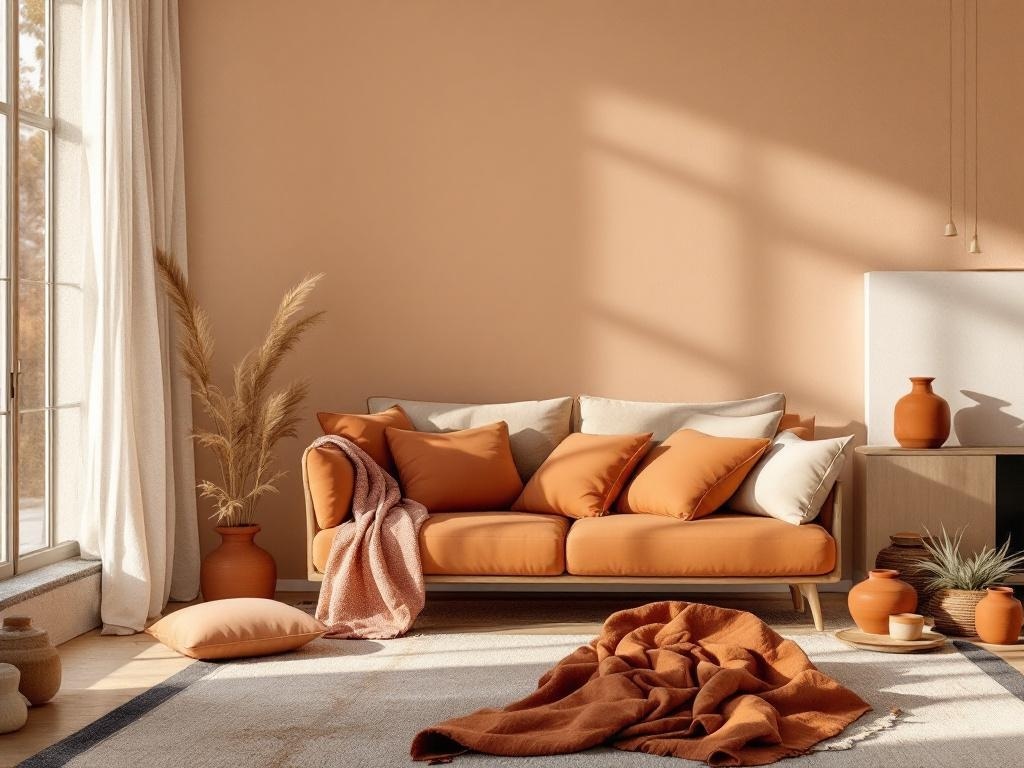 Cozy living room with terracotta sofa, pillows, and decor