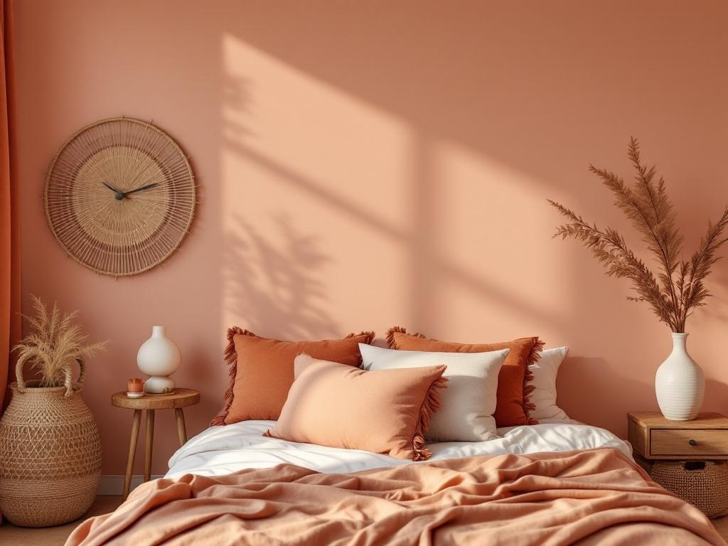 A cozy bedroom with earthy pink walls and warm terracotta accents, featuring a bed with terracotta and white pillows, a woven basket, and dried plants.