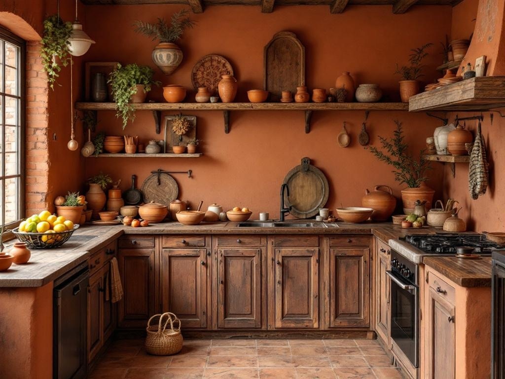A cozy kitchen with warm terracotta walls, wooden shelves, and rustic decor.