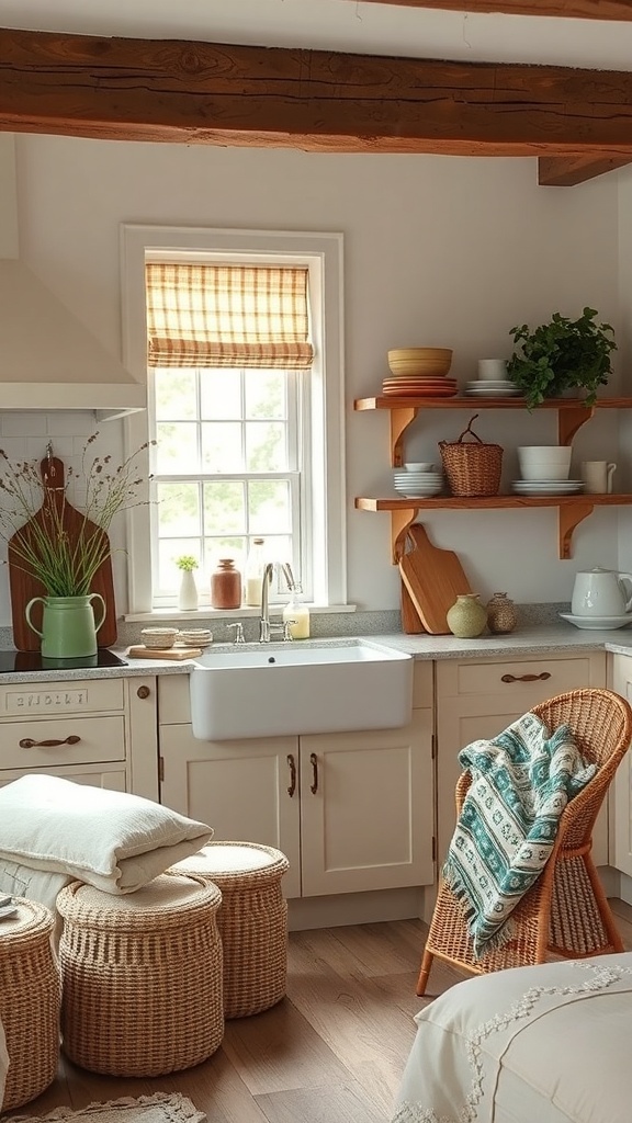 A cozy farmhouse kitchen with warm textiles and fabrics.