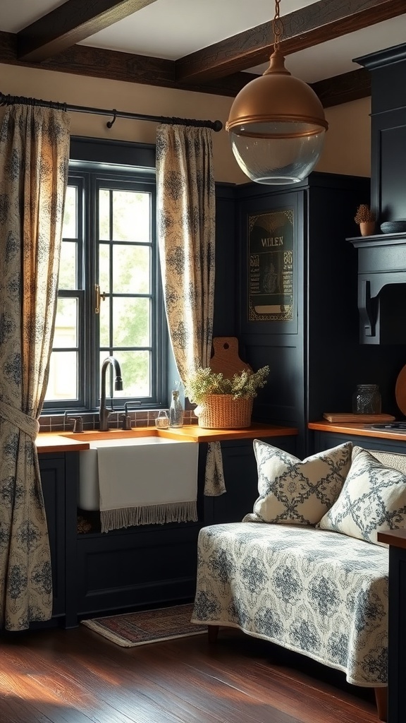 A cozy black farmhouse kitchen with warm textiles and fabrics, featuring patterned curtains and cushions.