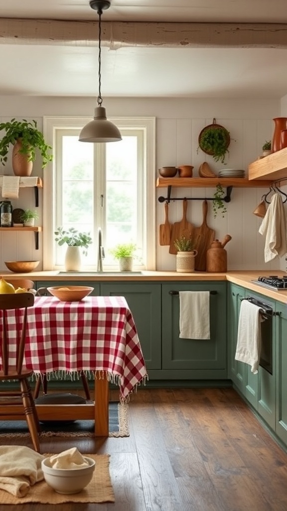 A cozy farmhouse kitchen with a checkered tablecloth, wooden shelves, and warm textiles.