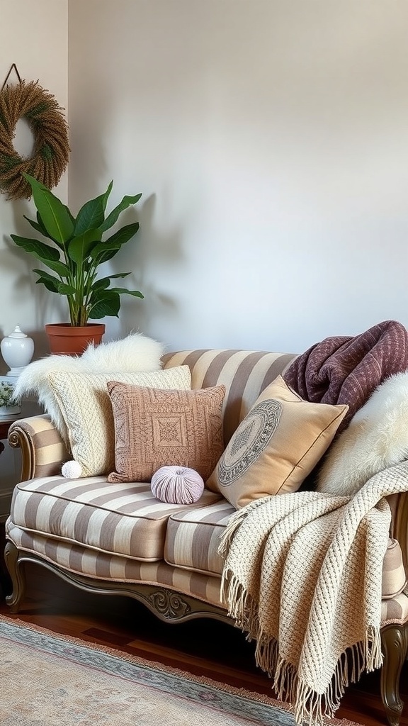 Cozy English cottage living room with warm textiles and soft furnishings.