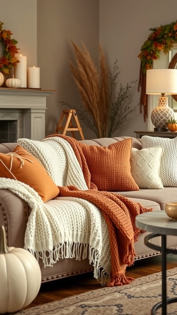 A cozy living room with a chunky knit blanket on a couch, pumpkins on the floor, and autumn wreaths on the wall.