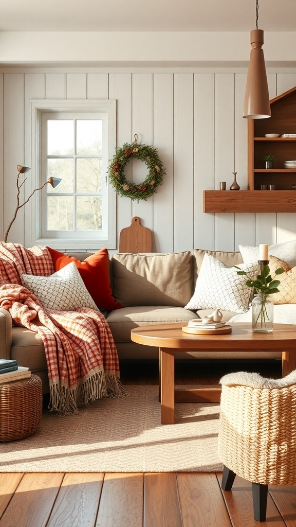 A cozy farmhouse living room with warm textiles and throws on the couch.
