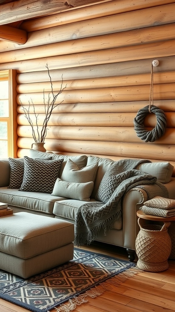 Cozy cabin living room with a comfortable couch, warm throws, and decorative pillows.