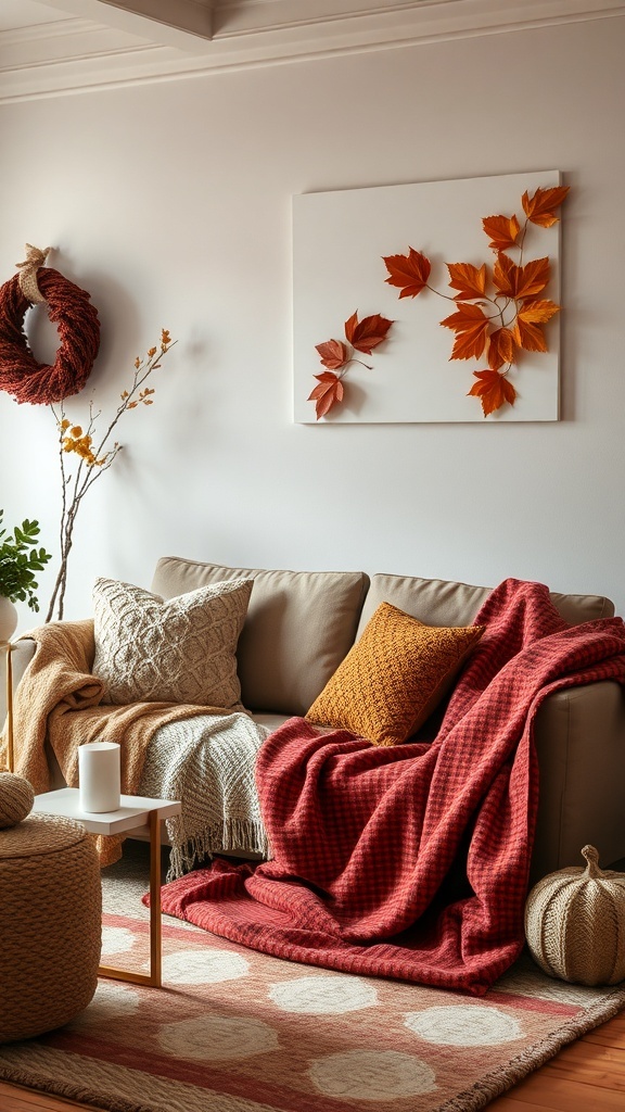 Cozy living room with warm textiles, featuring a red blanket, knitted cushions, and autumn decor.