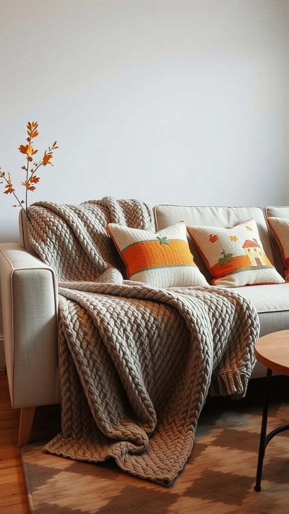 A cozy sofa with a chunky knit blanket and colorful pillows, complemented by an autumn branch.