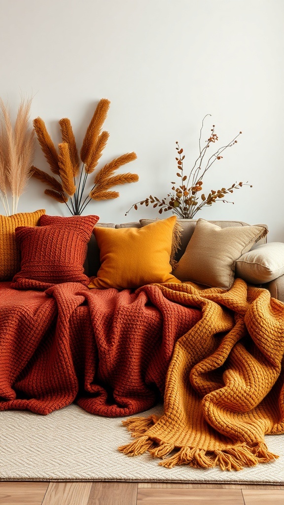 Cozy sofa with warm textiles, including orange and rust blankets and pillows, complemented by dried floral arrangements.