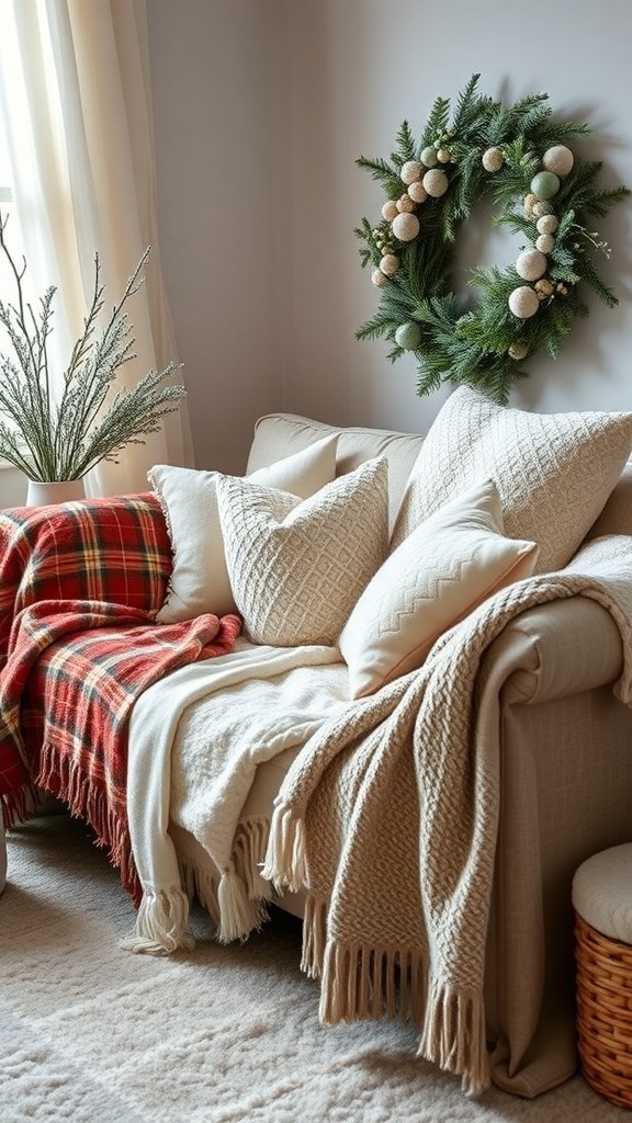 A cozy winter room featuring a sofa with warm textiles, including blankets and pillows.