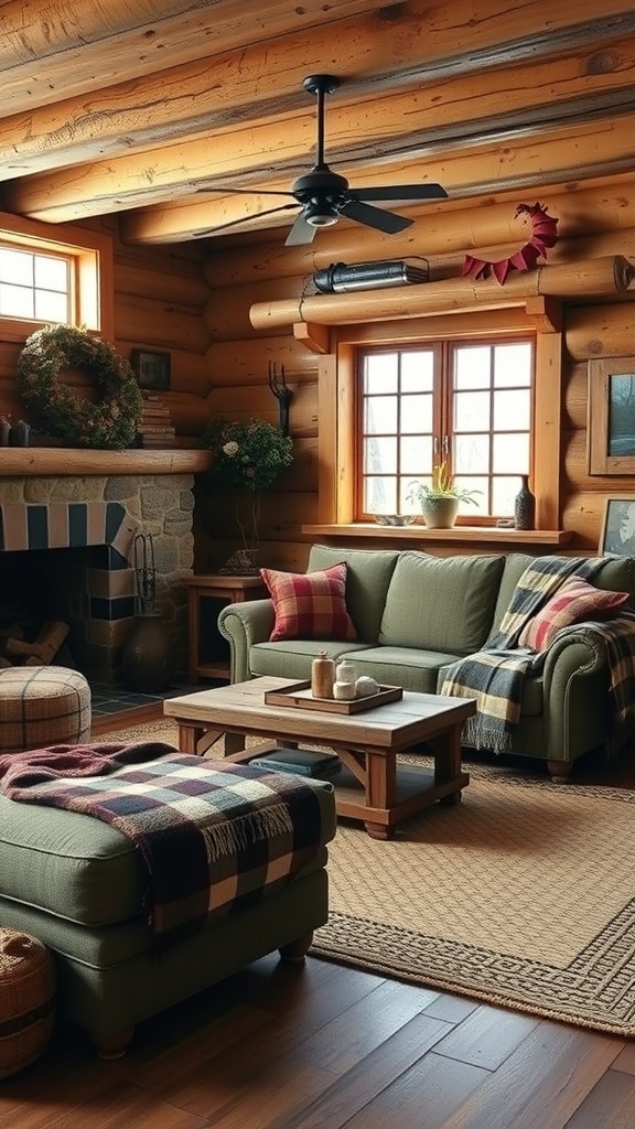 A rustic living room featuring wooden beams, a cozy sofa with plaid pillows, and a stone fireplace.