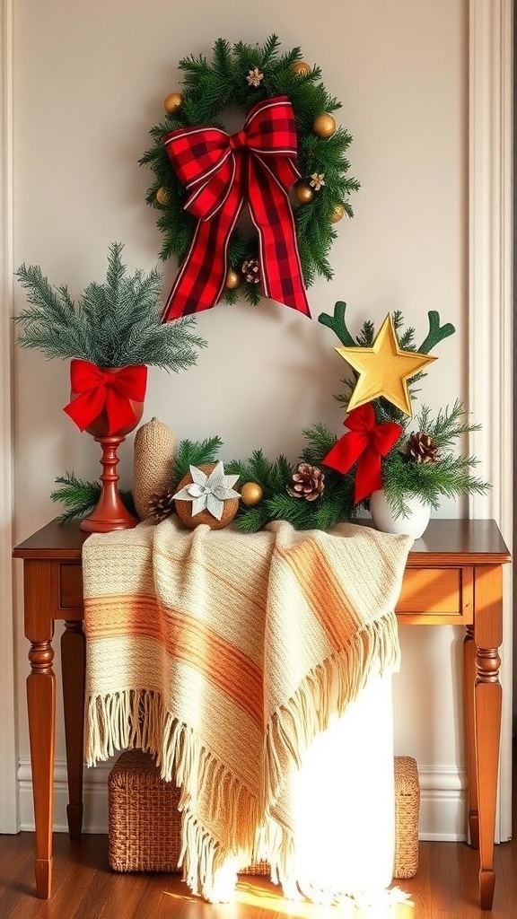 A beautifully decorated entryway table with a warm throw blanket, festive wreath, and holiday decorations.