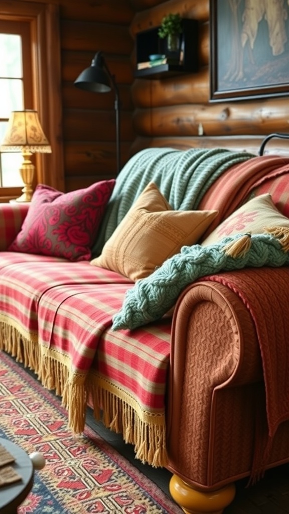 Cozy couch with warm throw blankets and pillows in a winter cabin setting.