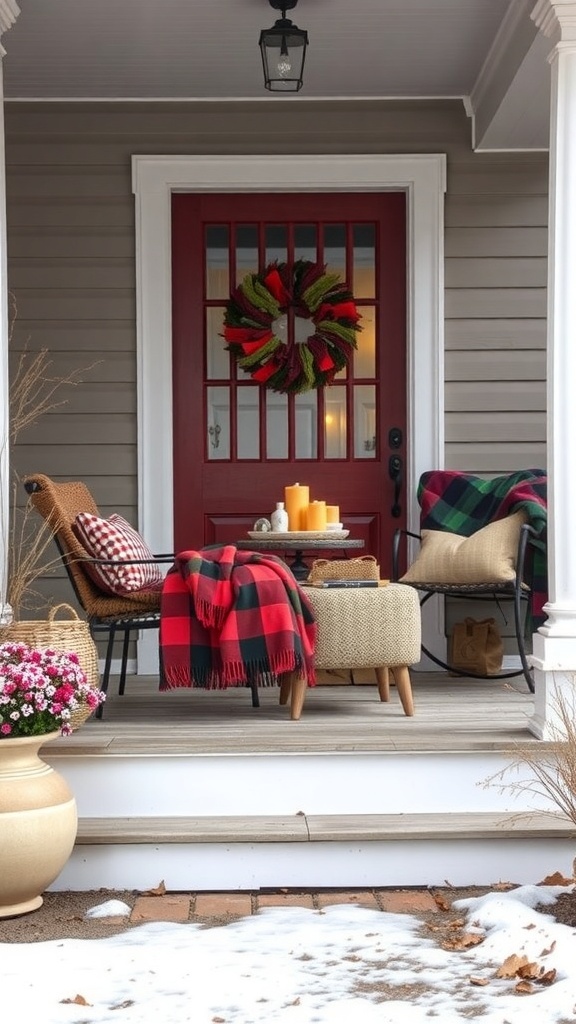 A cozy front porch with warm throws and blankets, featuring a plaid blanket on a chair and a festive wreath on the door.