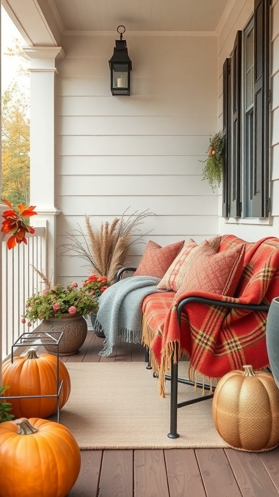 A cozy front porch decorated with warm throws, pillows, pumpkins, and autumn flowers.