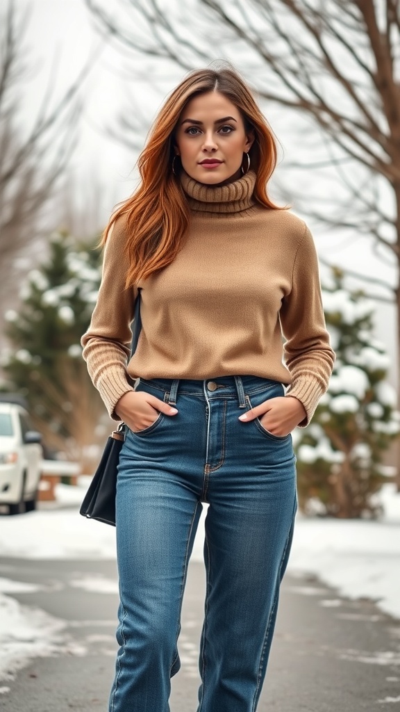 A woman wearing a beige turtleneck and high-waisted jeans, standing outdoors in a winter setting.