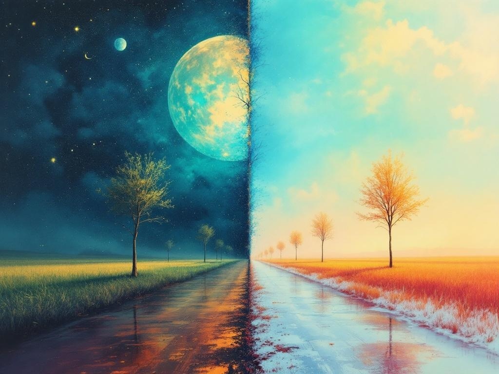 An artistic representation showing a split landscape with warm colors on one side and cool colors on the other, highlighting the contrast between day and night.