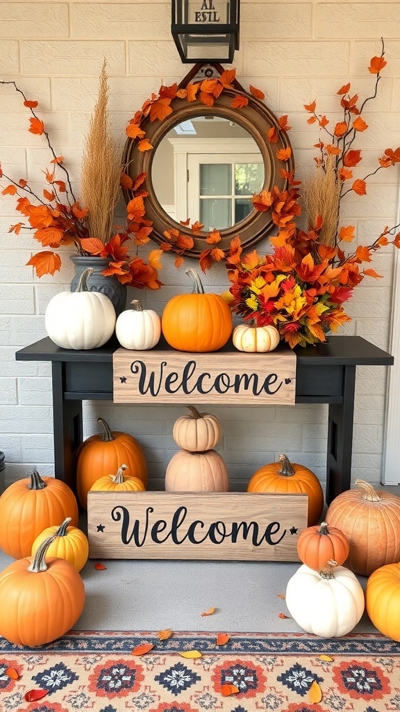 A fall entryway decorated with pumpkins, autumn leaves, and a welcome sign.