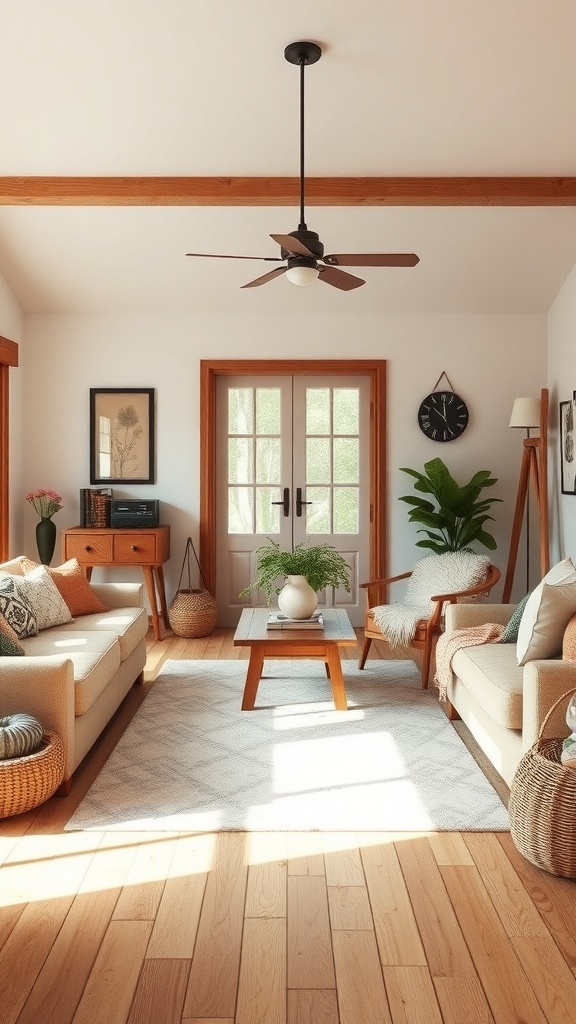 A modern cottage living room with warm wood accents and flooring, featuring comfortable seating and natural light.