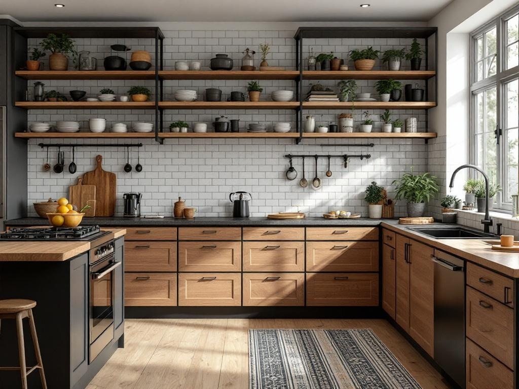 A stylish black kitchen featuring warm wood accents, open shelving with plants, and a cozy atmosphere.